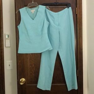 Petite Sophisticate Aqua Linen Pant Suit Sz 8 & 10